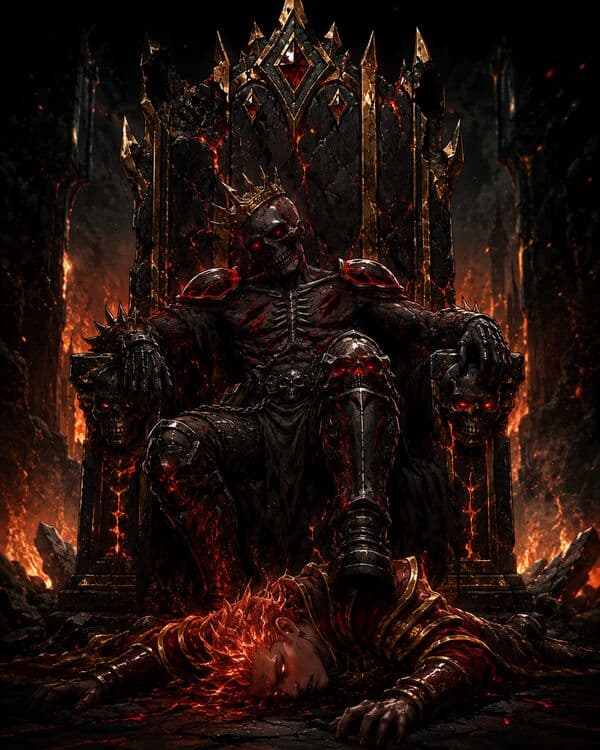 A crowned neogod upon a throne of black stone and molten fire