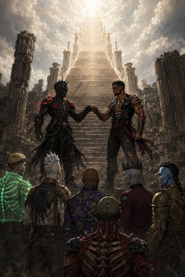 Fallen neogods ascending a great stairway toward the light
