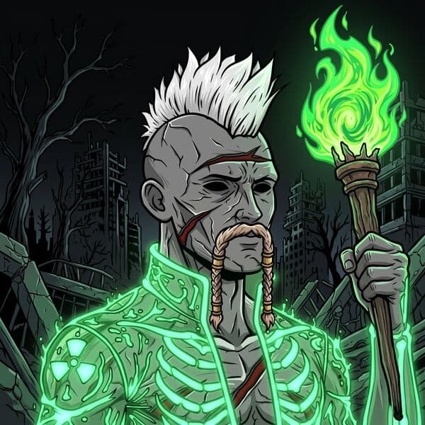 A neogod wreathed in green flame amid the ruins